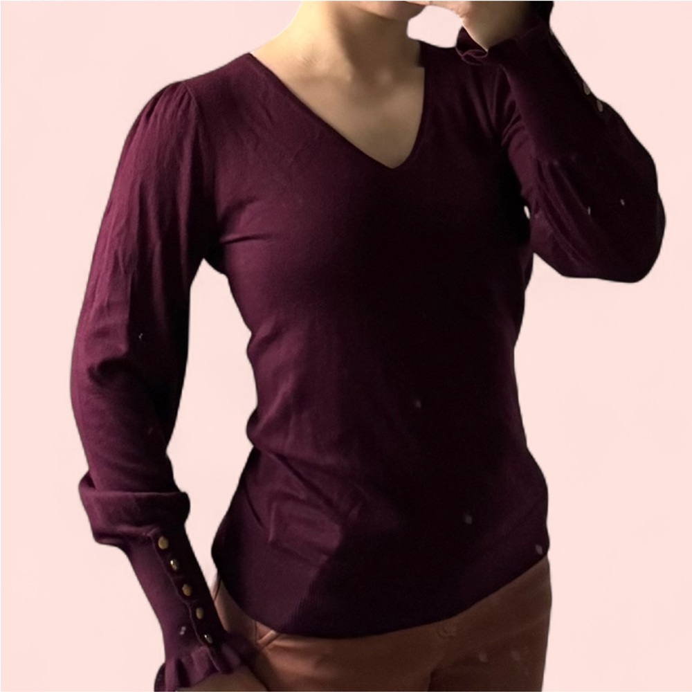 LAUREN Ralph Lauren Burgundy Maroon Sweater Fine Knit Cotton Gold Buttons XS
